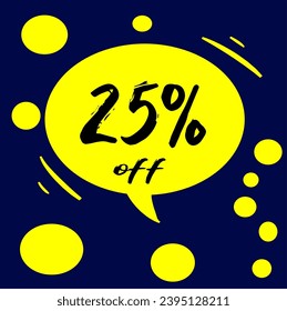 25% yellow discount hall with polka dots on blue background, percentage and promotion