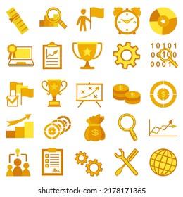 25 yellow flat business success themed icon elements. Search, review and productivity rise up concept. Vector illustration for poster, leaflet, web site or application background.