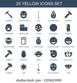 25 yellow icons. Trendy yellow icons white background. Included filled icons such as hummer, laughing emot, hoe, soldier emot, yawn emot, paper towel. yellow icon for web and mobile.
