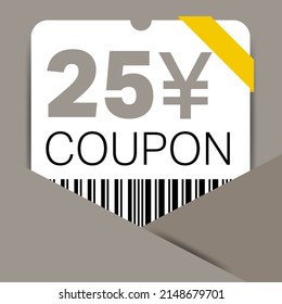 25 Yen Coupon promotion sale for a website, internet ads, social media gift 25 Yuan off discount voucher. Big sale and super sale coupon discount. Price Tag Mega Coupon discount vector illustration.