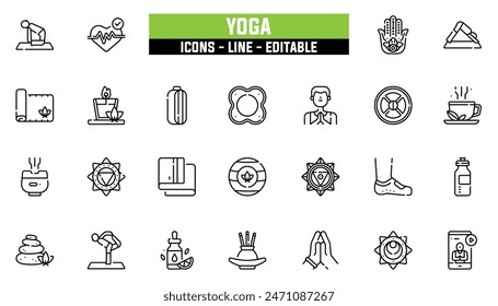 25 Yoga-Icons, Vektorgrafik, bearbeitbare Kontur.