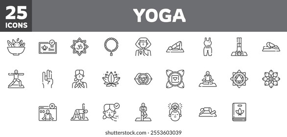 25 yoga icons set, vector line, editable stroke.