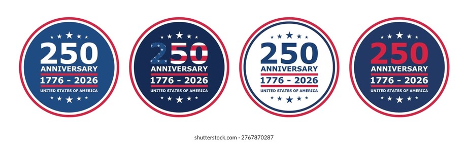 250 anniversary us badges set in patriotic style. Collection of labels, stickers and emblems for Independence Day, banners and celebration designs