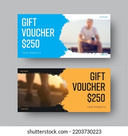 $250 gift voucher vector template, with round element, brush stroke effect, certificate design on white, black background, with yellow, blue accents. Set of discounts, product promotion