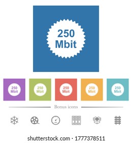 250 mbit de garantía adhesivo de iconos blancos planos en fondo cuadrado. 6 iconos de bonificación incluidos.