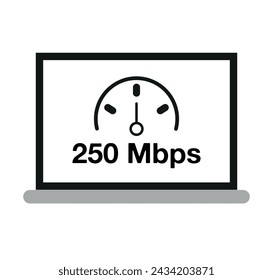 250 Mbps connection. Computer screen design with internet speed and data download