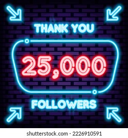 25000 Followers Thank you Neon Sign Vector. Neon script. Neon text. Isolated on black background. Vector Illustration svg