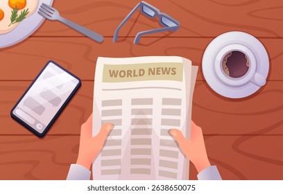 2505.m20.i406.n025.S.c15.Morning news. Top view for businessman hands holding newspaper pages exact vector business concept