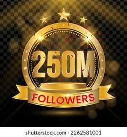 250M Followers Logotype with Gold and red Confetti Isolated on Black Background (PNG), Vector Design for Greeting Card and Social Media.