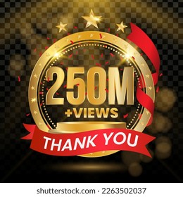 250M+ Views Logotype with Gold and red Confetti Isolated on Black Background(PNG), Vector design for video display celebration.
