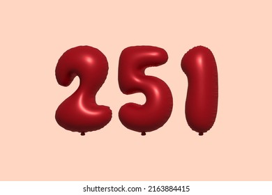 251 3d number balloon made of realistic metallic air balloon 3d rendering. 3D Red helium balloons for sale decoration Party Birthday, Celebrate anniversary, Wedding Holiday. Vector illustration