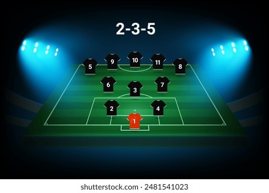 2-5-3 football team formation template. Soccer players with numbers. Vector template