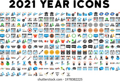 255 icons for 2021 year in flat style. 255 icons for 2021 year is a vector icon set with coronavirus, pandemic, future, hope, calendar symbols. These simple symbols designed for inoculation