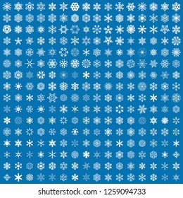 256 Snowflakes vector icon background set classic blue color. Winter white christmas snow flake crystal element. Weather illustration ice collection. Xmas frost flat isolated silhouette symbol.