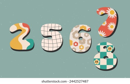 2567 to 2568 Happy New Year in Thailand logo text design.2568 number design template.Colorful vintage 70s greeting card,sticker,banner,print.Groovy poster Calendar 2568.Vector illustration EPS 10