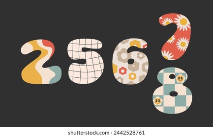 2567 to 2568 Happy New Year in Thailand logo text design.2568 number design template.Colorful vintage 70s greeting card,sticker,banner,print.Groovy poster Calendar 2568.Vector illustration EPS 10