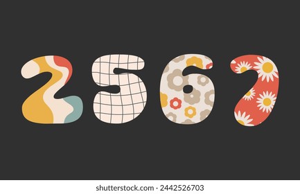 2567 Happy New Year in Thailand logo text design.Set of 2567 number design template.Colorful vintage 70s greeting card, sticker, banner,print. Groovy poster Calendar 2567.Vector illustration EPS 10