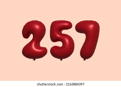 257 3d number balloon made of realistic metallic air balloon 3d rendering. 3D Red helium balloons for sale decoration Party Birthday, Celebrate anniversary, Wedding Holiday. Vector illustration