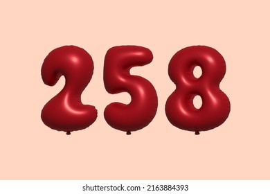 258 3d number balloon made of realistic metallic air balloon 3d rendering. 3D Red helium balloons for sale decoration Party Birthday, Celebrate anniversary, Wedding Holiday. Vector illustration