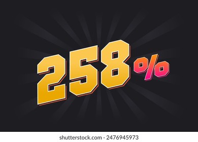 258% discount banner with dark background and yellow text. 258 percent sales promotional design.