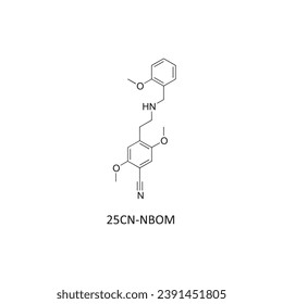 Estructura molecular CN-NBOMe, diagrama de fórmula esquelética sobre fondo blanco. Ilustración vectorial EPS10 científica.
