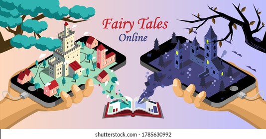 2.5D fairy tale and modern mobile phone with book native vector illustration design