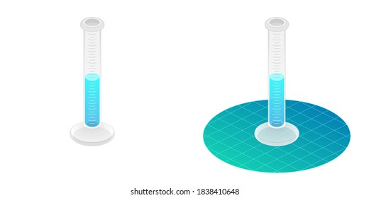 2.5D Experimento De Ciencia De Cilindros Graduados De Laboratorio De Vista Isométrica Con Vector De Reacción De Solución Química Líquida Ilustración Aislada En Fondo Blanco