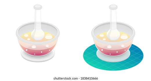2.5D Experimento Científico De Vidrio De Laboratorio Y Cristales Con Reacción De Solución Química Líquida, Ilustración Del Diseño Del Vector De Burbujas Aislado En Fondo Blanco