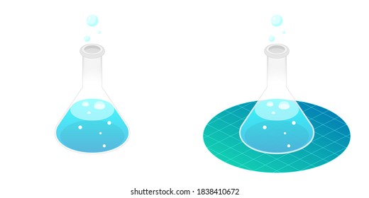 2.5D Isometric View Dimetric 2:1 Ratio Laboratory Erlenmeyer Flask Science Experiment With Liquid Chemical Solution Reaction, Bubbles Vector Design Isolated On White Background