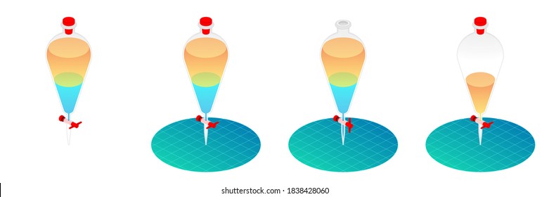 2.5D Isometric View Dimetric 2:1 Ratio Laboratory Glass Separatory Funnel Science Experiment With 2-Phase Liquid Chemical Solution Reaction Vector Design Illustration Isolated On White Background