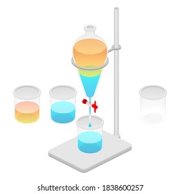 2.5D Isometric View Dimetric 2:1 Ratio Laboratory Separatory Funnel Set Clamp Stand, 2-Phase Liquid Chemical Solution Separation, Oil-Water Phase Experiment And Beaker Vector Illustration