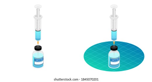 2.5D Isometric View Dimetric 2:1 Ratio Medical Syringe With Sharp Needle Drawing Liquid Injection Vaccine Medicine From Vial Vector Design Illustration Isolated