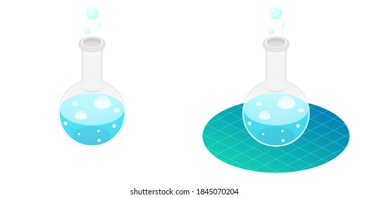 2.5D Isometric View Dimetric 2:1 Ratio Laboratory Glass Florence Flask Science Experiment With Liquid Chemical Solution Reaction, Bubbles Vector Design Illustration Isolated