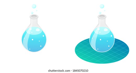 2.5D Isometric View Dimetric 2:1 Ratio Laboratory Glass Evaporating Flask, Science Experiment Equipment, Liquid Chemical Solution Reaction, Bubbles Vector Design Illustration Isolated
