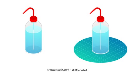 2.5D Isometric View Dimetric 2:1 Ratio Laboratory Plastic Alcohol Squeeze Bottle Science Experiment Equipment, Liquid Alcohol Solution Vector Design Illustration Isolated On White Background