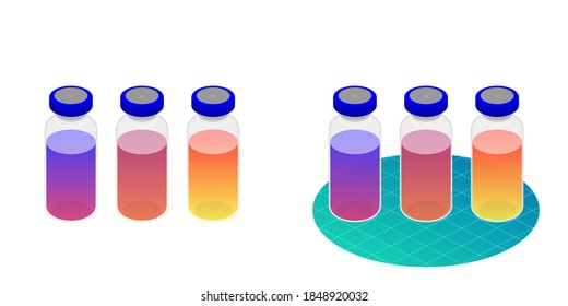 2.5D Isometric View Dimetric 2:1 Ratio Medical Vial Science Equipment, Liquid Medical Solution Vector Illustration Isolated On White Background