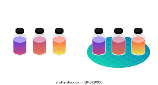2.5D Isometric View Dimetric 2:1 Ratio Medicine Bottle Science Equipment, Liquid Medical Solution Vector Illustration Isolated On White Background
