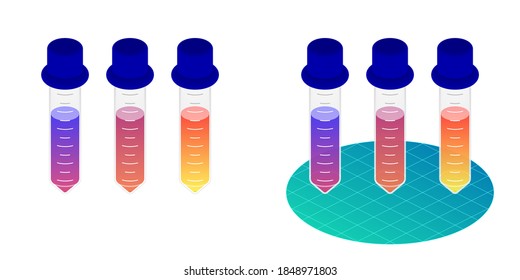 2.5D Isometric View Dimetric 2:1 Ratio Medical Conical Centrifuge Tube Science Equipment, Liquid Solution Vector Illustration Isolated On White Background