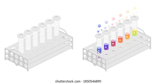 2.5D Isometric View Dimetric 2:1 Ratio Test Tube Set On Stainless Steel Rack Science Equipment Experiment, Liquid Chemical Solution Vector Illustration Isolated On White Background