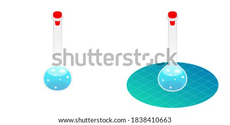 2.5D Isometric View Dimetric 2:1 Ratio Laboratory Glass Volumetric Flask Science Experiment With Liquid Chemical Solution Reaction, Bubbles Vector Design Isolated On White Background