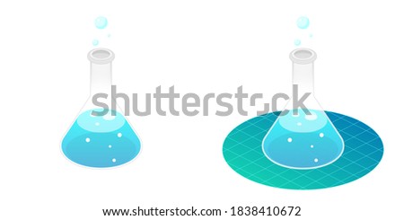 2.5D Isometric View Dimetric 2:1 Ratio Laboratory Erlenmeyer Flask Science Experiment With Liquid Chemical Solution Reaction, Bubbles Vector Design Isolated On White Background
