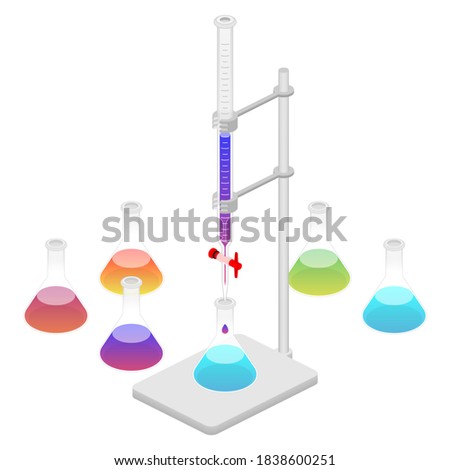 2.5D Isometric View Dimetric 2:1 Ratio Laboratory Burette Set, Clamp And Stand, Liquid Chemical Solution Titration Experiment And Erlenmeyer Flask Vector Illustration
