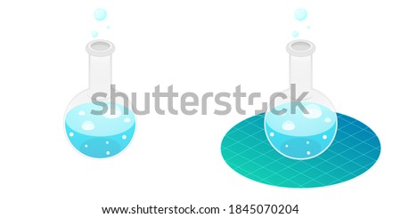 2.5D Isometric View Dimetric 2:1 Ratio Laboratory Glass Florence Flask Science Experiment With Liquid Chemical Solution Reaction, Bubbles Vector Design Illustration Isolated