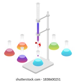 2.5D Isometric View Laboratory Burette Set, Clamp And Stand, Liquid Chemical Solution Titration Experiment And Erlenmeyer Flask Vector Illustration