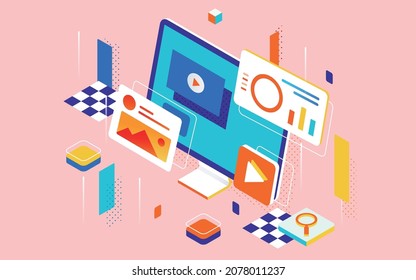 2.5d online education isometric illustration learning online class reading poster