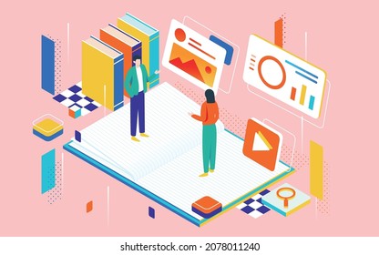 2.5d online education isometric illustration learning online class reading poster