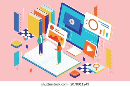 2.5d online education isometric illustration learning online class reading poster