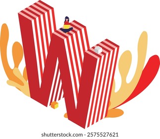 2.5D Red Stripe Alphabet Typography Illustration Vector Floral Decorative Letter Icon Symbol