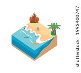 2.5D Sandy beach landscape concept vector illustration. Sandy beach vector with surfboard and hill concept and coconut tree. Seashore 3D art with lifebuoy.