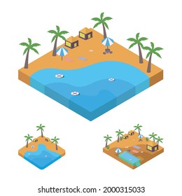 2.5D Sandy beach landscape concept collection. Sandy beach vector with swimming pool and coconut tree. Seashore 2.5D art with a lifebuoy and sunbathe.